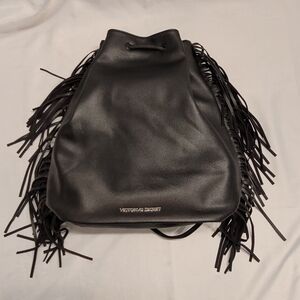Victoria’s Secret Black Fringe Drawstring Backpack Boho Bucket Bag